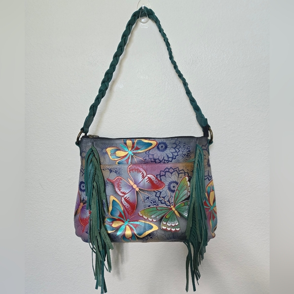 Anuschka Butterflies Leather Fringe Handpainted Medium Shoulder Bag - Picture 1 of 17